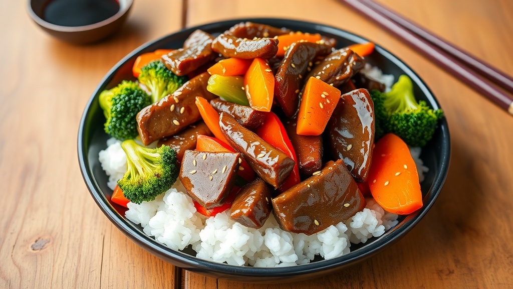 Savory Beef with Oyster Sauce Stir-Fry A plate of beef stir-fried with vegetables in oyster sauce over jasmine rice, garnished with sesame seeds.